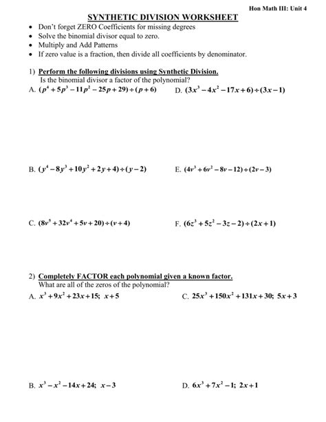 Synthetic Division Worksheet with Answers Pdf | Algebra worksheets